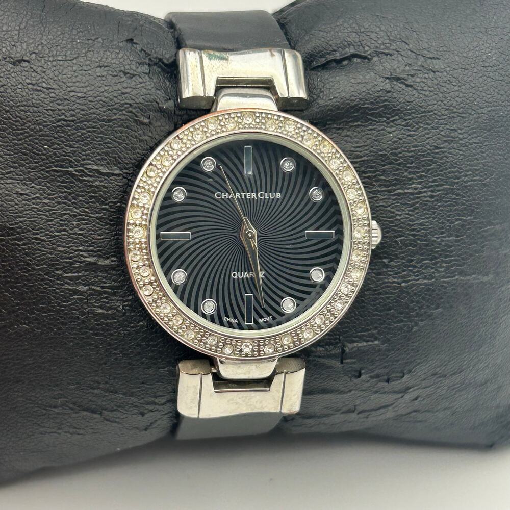Charter Club Crystal Bezel Black Dial Black Leather Quartz Watch New Battery